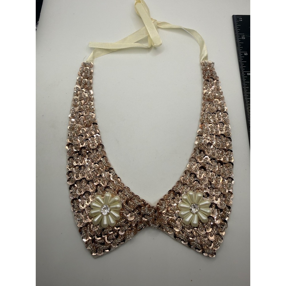 Rose Gold Sequin Peter Pan Collar Necklace Faux Pearl Flower Ribbon Accessory